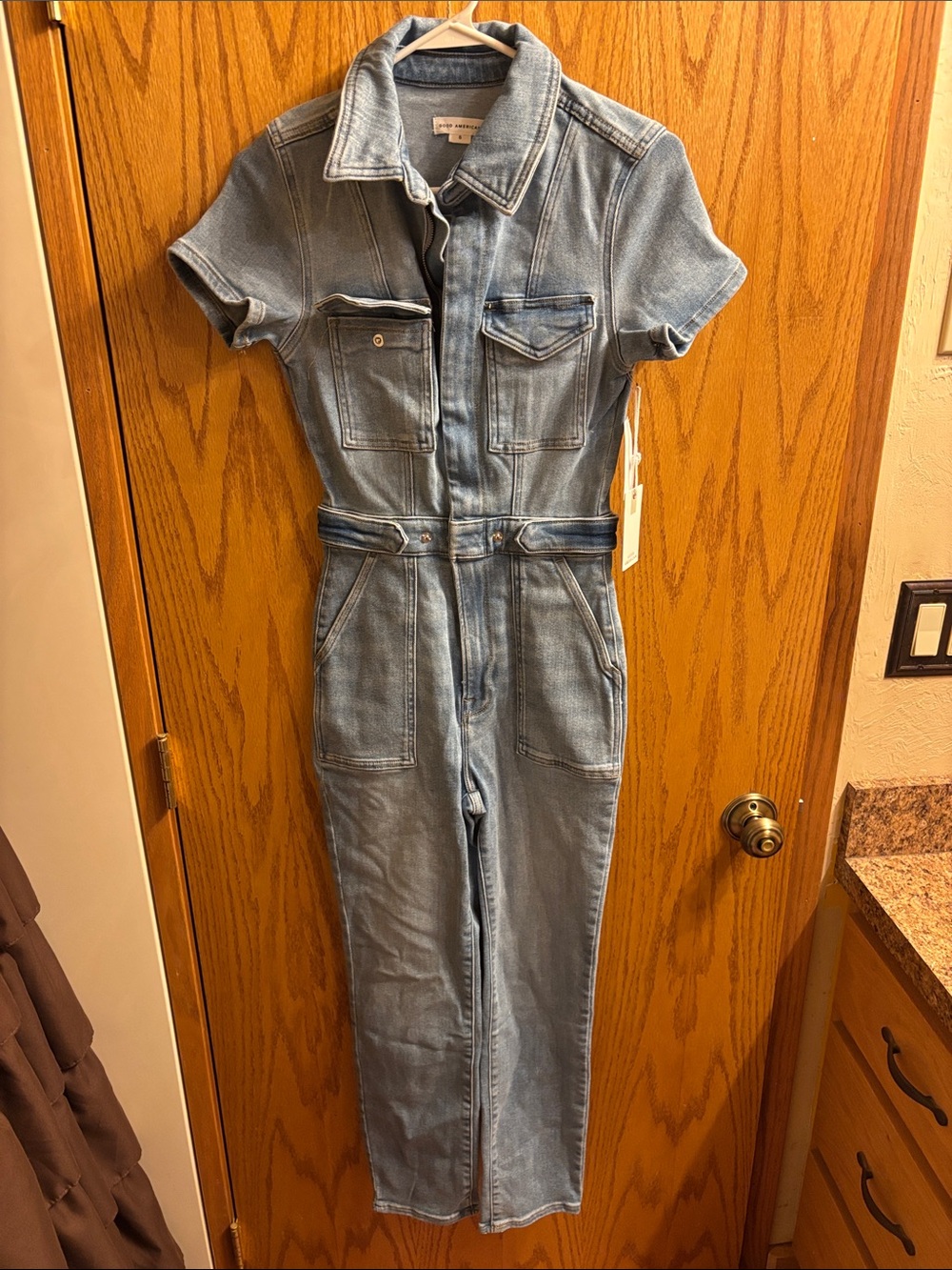 Good American Light Blue Denim Short-Sleeve Jumpsuit